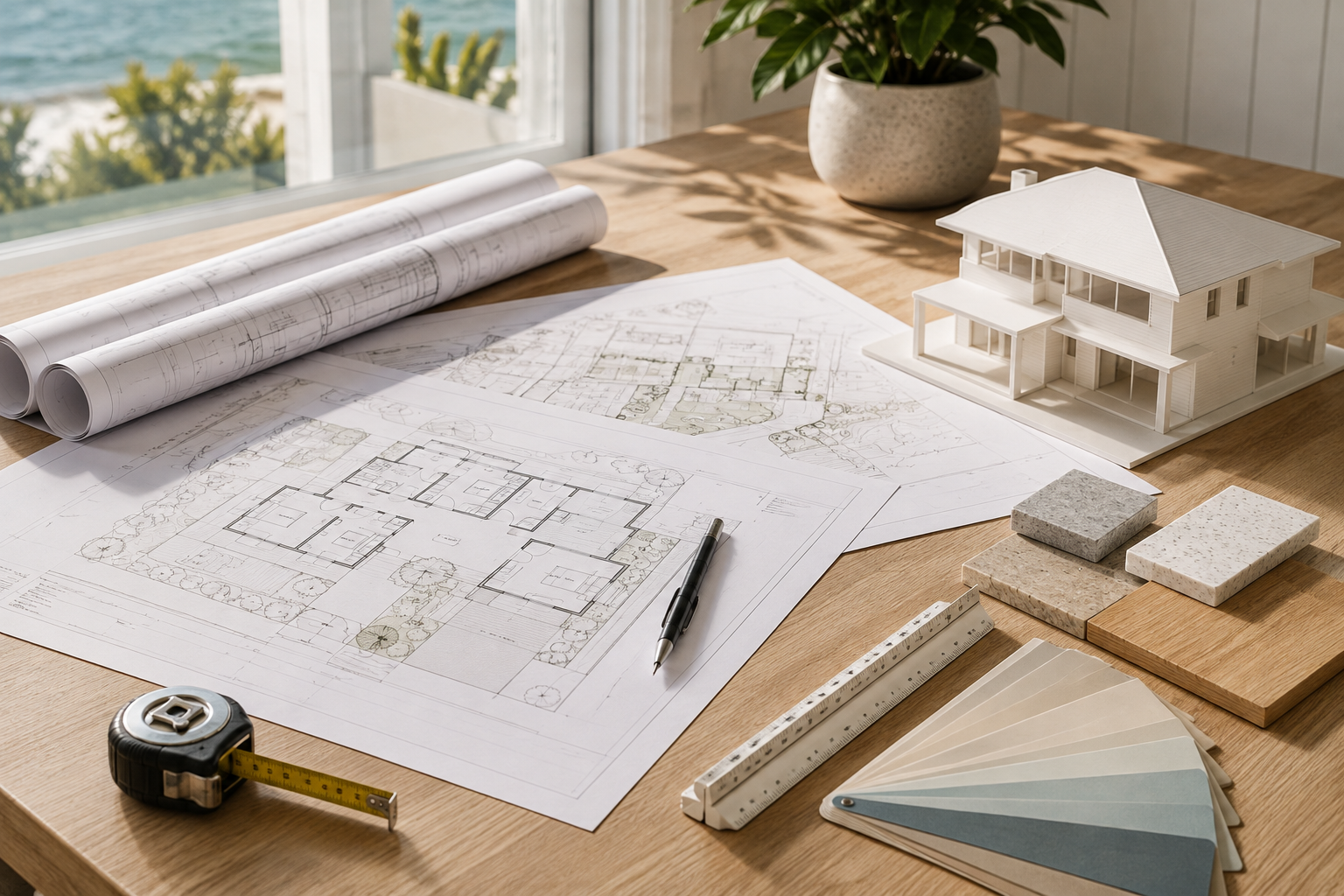 Architectural plans, house model and material samples for a custom home feasibility assessment by Bluewood Homes Gold Coast
