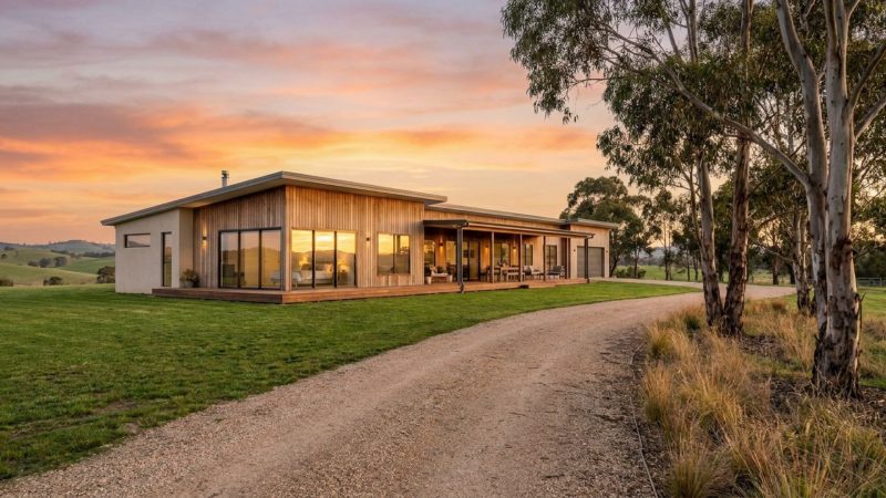Modern custom-designed home on a Gold Coast acreage block at golden hour