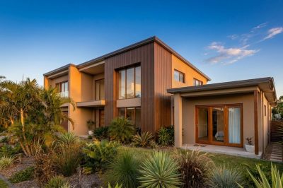 Dual Living Home Design featuring Modern Queensland custom home with a private dual living wing and subtropical landscaping at golden hour