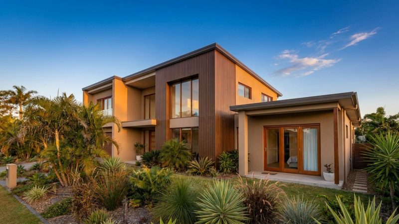 Dual Living Home Designs featuring Modern Queensland custom home with a private dual living wing and subtropical landscaping at golden hour