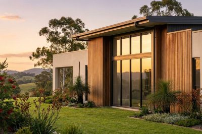Modern custom-built Queensland home exterior at golden hour with native landscaping