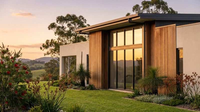 Cost to Build a Custom Home - Modern custom-built Queensland home exterior at golden hour with native landscaping