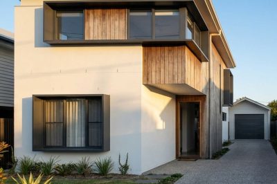 Modern two-storey custom home on a narrow infill block with a side driveway, Gold Coast / Brisbane style