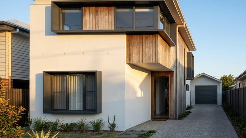 Narrow Block Home Designs. Modern two-storey custom home on a narrow infill block with a side driveway, Gold Coast / Brisbane style