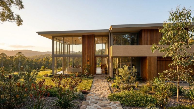 Custom vs volume builder: Modern Queensland custom-built home exterior at golden hour with timber and glass facade, Gold Coast Brisbane 